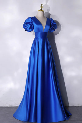 Blue V-Neck Satin Long Prom Dress, Blue A-Line Evening Formal Dress