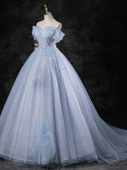 Light Blue A-line Off Shoulder Tulle and Lace Party Dress, Light Blue Prom Dress