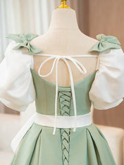 Green and White Satin Long Party Dress Prom Dress, Short Sleeves Formal Dress