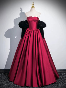 Wine Red Satin Long Party Dress with Black Sleeves, Wine Red A-line Prom Dress