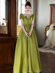 Lovely Green Satin Simple Short Sleeves Party Dress, A-line Green Satin Prom Dress