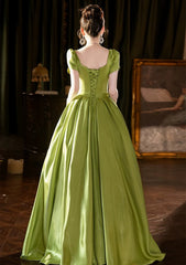 Lovely Green Satin Simple Short Sleeves Party Dress, A-line Green Satin Prom Dress