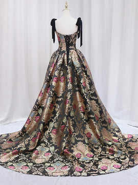 Black Straps Floral Satin Party Dress with Train, Black Satin Prom Dress Formal Dress