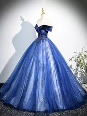 Blue Ball Gown Tulle Off Shoulder Long Formal Dress, Blue Sweetheart Party Dress