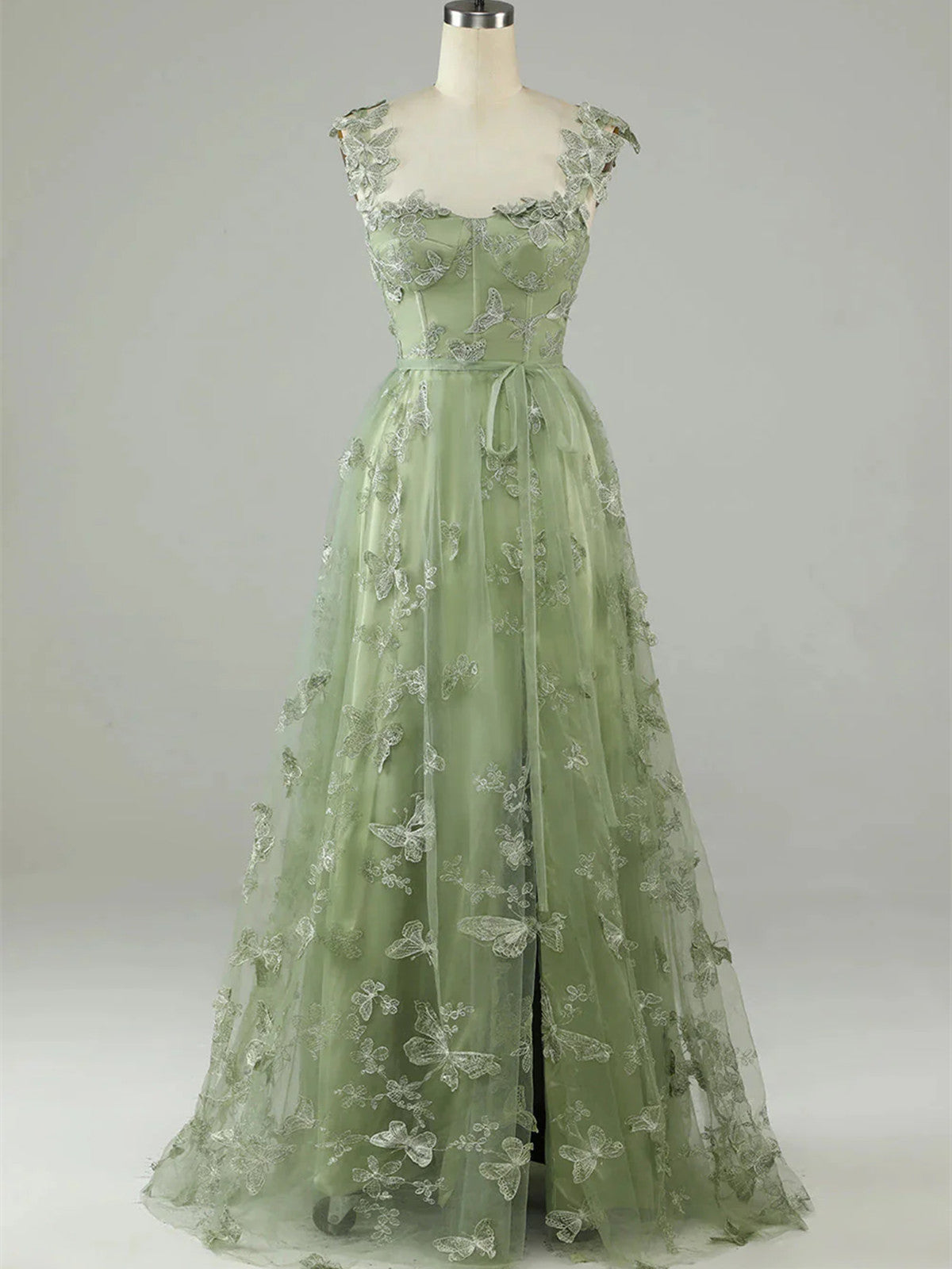 Green Lace A-line Straps Floor Length Party Dress, Green Tulle Prom Dress