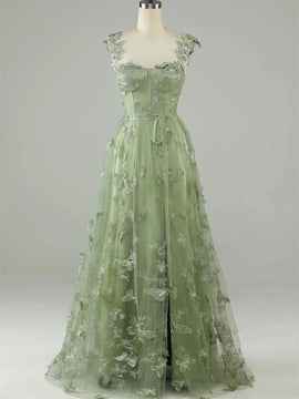 Green Lace A-line Straps Floor Length Party Dress, Green Tulle Prom Dress