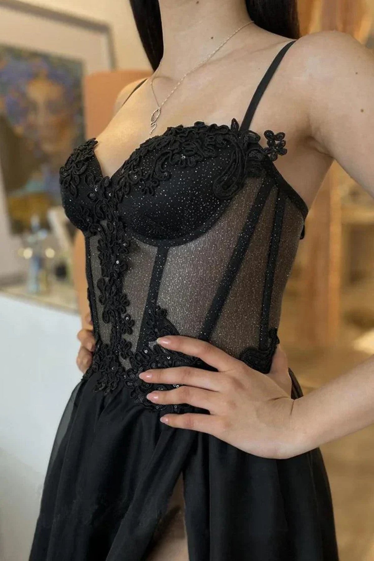 Black Tulle with Lace Straps Long Prom Dress with Leg Slit, Black Tulle Party Dress