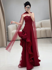 Wine Red Strapless Long A-line Evening Dress, Wine Red Simple Formal Dress