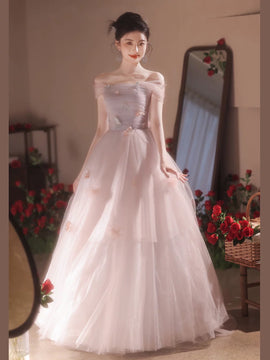 Pink and Blue Straps Tulle Scoop Long Party Dress, Pink and Blue Prom Dress