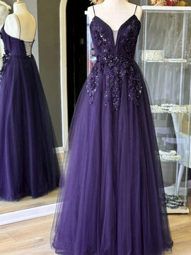 A-line Dark Purple Tulle Long Party Dress Prom Dress, Dark Purple Tulle Evening Dress