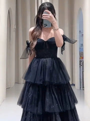 Black Tulle Sweetheart Layers Long Party Dress, Black A-line Tulle Evening Dress Prom Dress