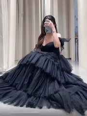 Black Tulle Sweetheart Layers Long Party Dress, Black A-line Tulle Evening Dress Prom Dress
