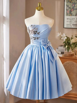 Blue Satin Sweetheart Knee Length Party Dress, Blue Satin Short Prom Dress