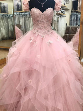 Pink Strapless Tulle with Lace Applique Sweet 16 Dress, Pink Tulle Layers Long Quinceanera Dress