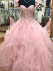 Pink Strapless Tulle with Lace Applique Sweet 16 Dress, Pink Tulle Layers Long Quinceanera Dress