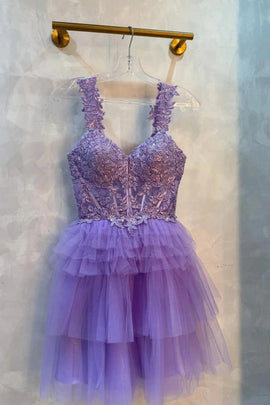 Cute Purple Sweetheart with Lace Applique Party Dress, Cute Short Tulle Homecoming Dress