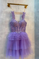 Cute Purple Sweetheart with Lace Applique Party Dress, Cute Short Tulle Homecoming Dress