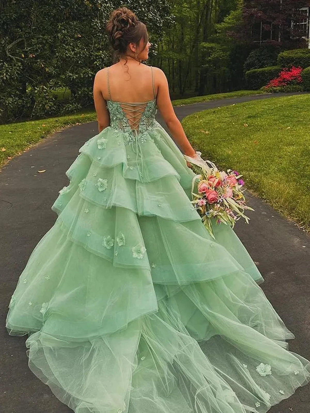 Green V-neckline Tulle with Lace Applique Party Dress, Green Tulle Long Prom Dress