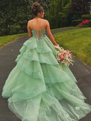 Green V-neckline Tulle with Lace Applique Party Dress, Green Tulle Long Prom Dress