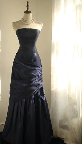 Navy Blue Scoop Taffeta Strapless Party Dress, Navy Blue Long Prom Dress Evening Dress