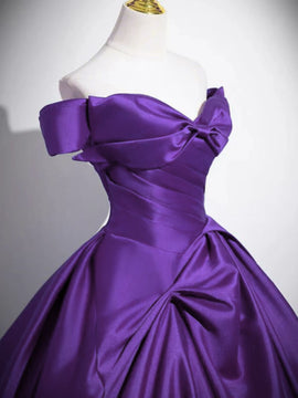 A-line Purple Satin Off Shoulder Floor Length Party Dress, Purple Satin Evening Dress Prom Dress
