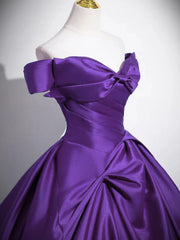 A-line Purple Satin Off Shoulder Floor Length Party Dress, Purple Satin Evening Dress Prom Dress