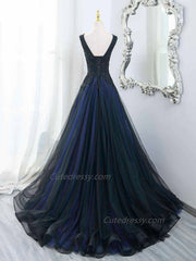 A-line Black and Blue Tulle V-neckline Long Party Dress with Lace, Blue and Black Prom Dress