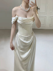 Ivory Satin A-line Off Shoulder Floor Length Party Dress, Ivory Satin Wedding Party Dress