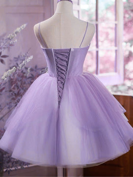 Light Purple Tulle Straps Simple Knee Length Party Dress, Light Purple Homecoming Dress
