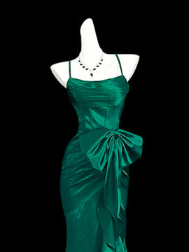 Green Satin Straps Mermaid Lace-up Party Dress, Green Satin Long Formal Dress Prom Dress