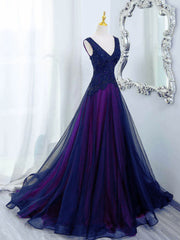 A-line Blue and Purple V-neckline Tulle Party Dress, Blue and Purple Floor Length Prom Dress