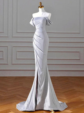 Charming Sliver Mermaid Party Dress, Sliver Off Shoulder Long Prom Dress with Leg Slit