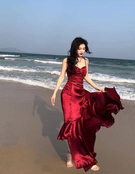 Lovely Wine Red Satin Mermaid Sweetheart Straps Evening Dress, Wine Red Prom Dress