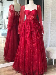 Dark Red Tulle with Lace Long Sleeves Party Dress, A-line Dark Red Prom Dress