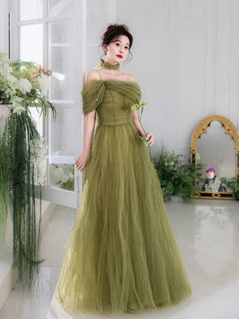Green Beaded A-line Off Shoulder Tulle Formal Dress, Green Long Evening Dress Prom Dress