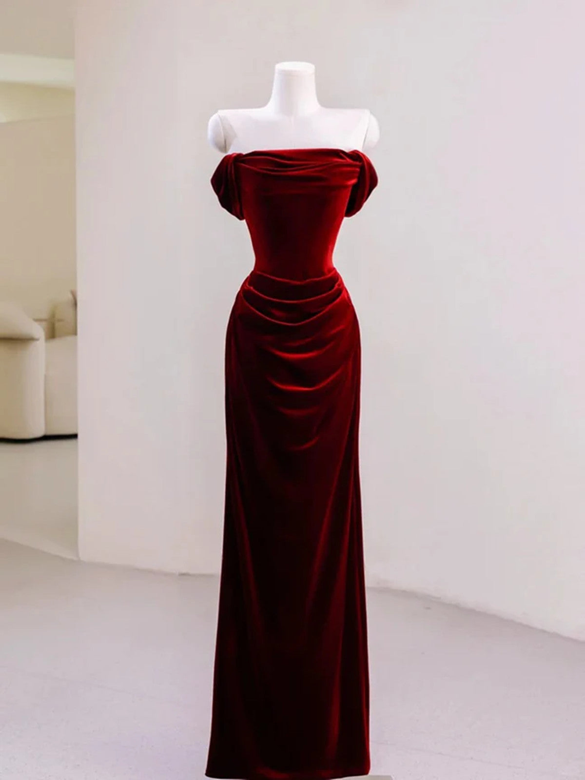 Wine Red Velvet Off Shoulder Floor Length Party Dress, Wine Red Velvet Prom Dress