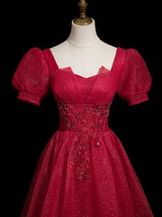 Cute Wine Red Beaded Short Sleevs A-line Party Dress, Wine Red Tulle Long Prom Dress