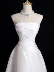 White Satin Beaded Strapless Long Party Dress, White Simpe Wedding Party Dresses