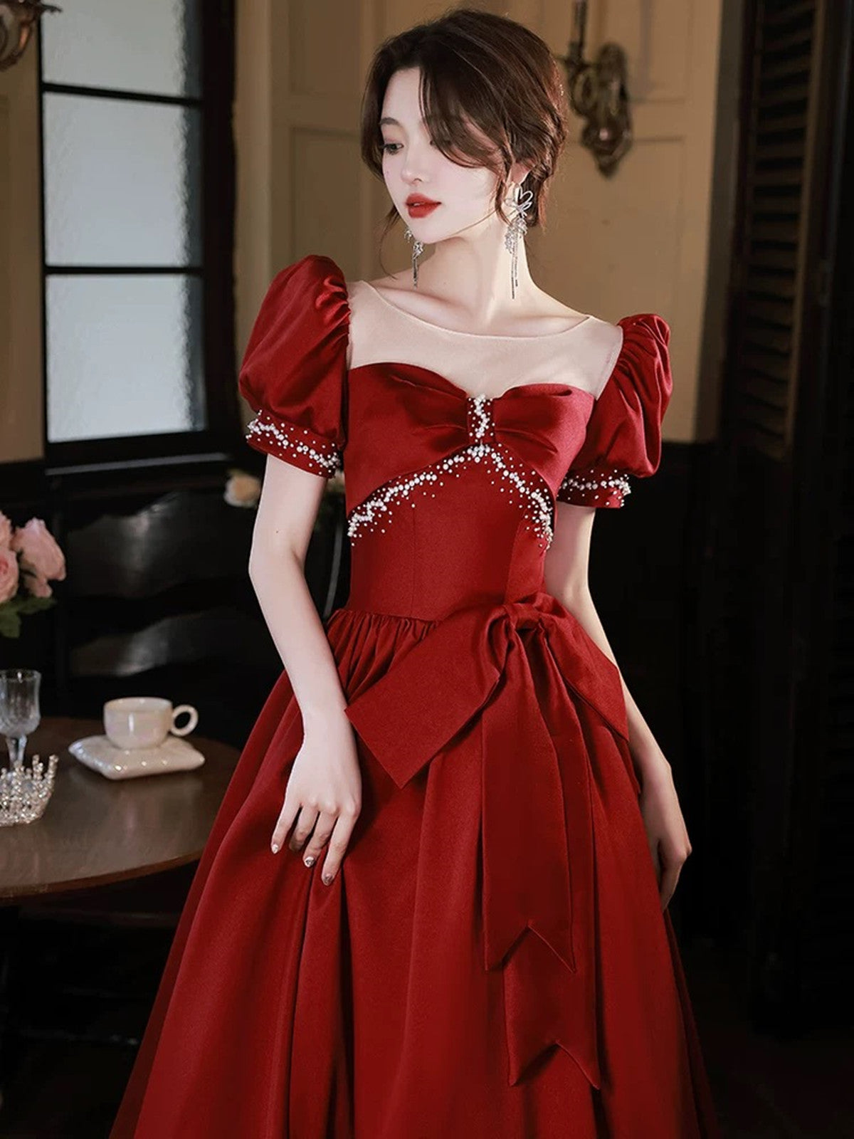satin wine red dress Wine Red Satin Short Sleeves Pearls Long Party Dress, Wine Red Satin P – Cutedressy