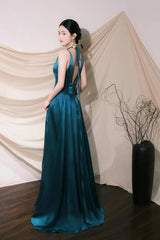 Cute V-neck Satin Long Prom Dress, Blue A-Line Low Back Evening Party Dress