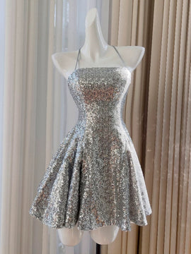 Lovely Sliver-Grey Short Sequins Straps Homecoming Dress, Sequins Short Prom Dress