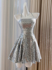 Lovely Sliver-Grey Short Sequins Straps Homecoming Dress, Sequins Short Prom Dress