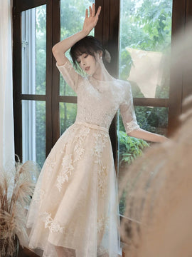 Light Champagne Tea Length Round Neckline Party Dress, Tulle with Lace Homecoming Dress