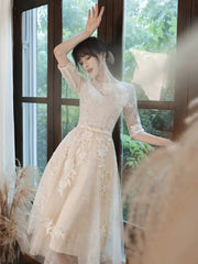 Light Champagne Tea Length Round Neckline Party Dress, Tulle with Lace Homecoming Dress