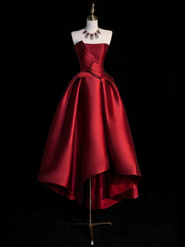 Wine Red Satin High Low Party Dress Homecoming Dress, Wine Red Satin Short Prom Dress
