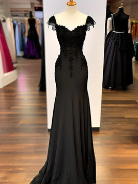 Black Sweetheart Cap Sleeves with Lace Applique Party Dress, Black Long Evening Dress