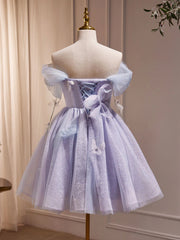 Cute Light Purple Tulle Beaded Off Shoulder Homecoming Dress, Light Purple Short Prom Dress