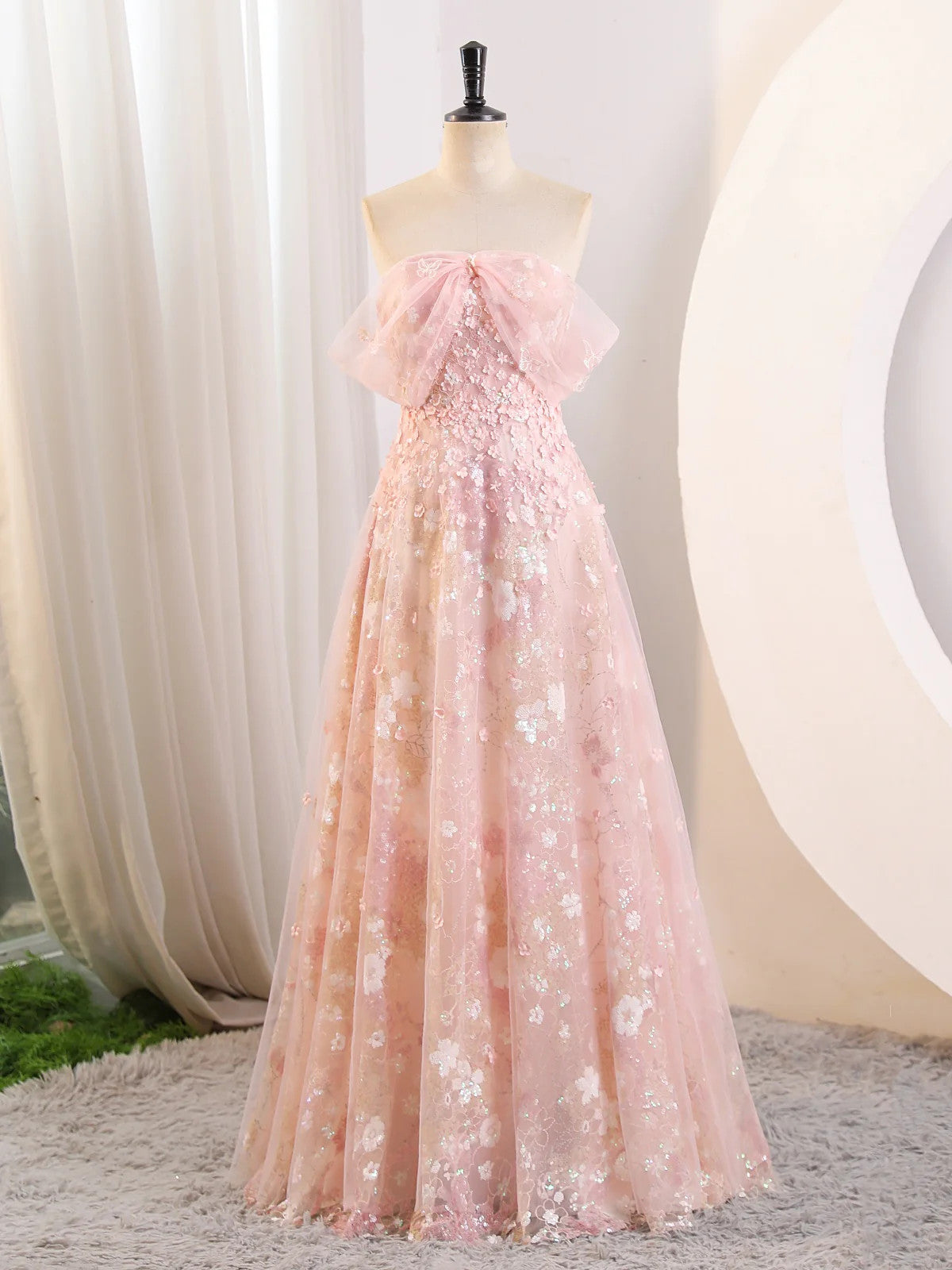 Pink Tulle and Lace A-line Off Shoulder Party Dress, Pink Tulle Prom Dress Evening Dress