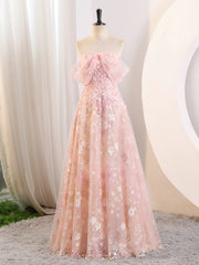 Pink Tulle and Lace A-line Off Shoulder Party Dress, Pink Tulle Prom Dress Evening Dress