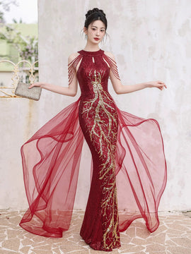 Wine Red Sequins Mermaid Long Party Dress with Lace, Wine Red Long Prom Dress Formal Dress